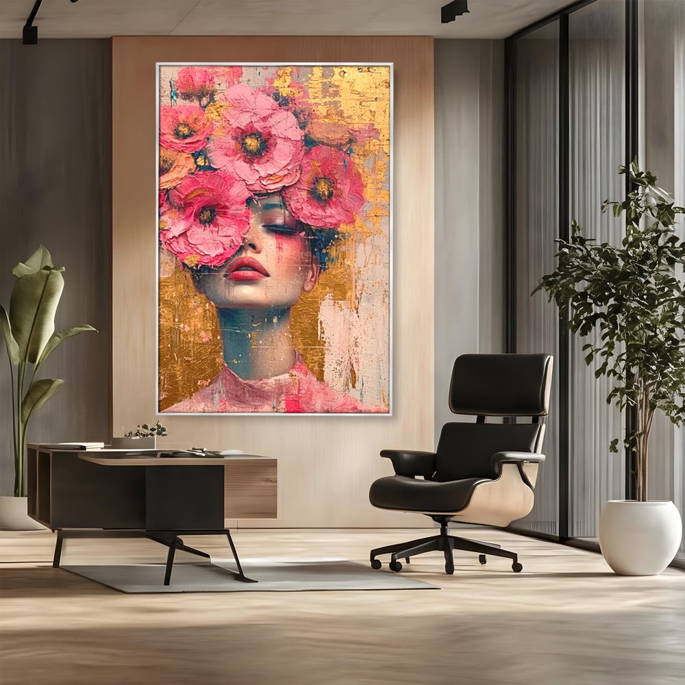 Tablou canvas cu tablou canvas cu portret de femeie si flori roz, in rama de aluminiu argintiu, pe perete intr-un birou